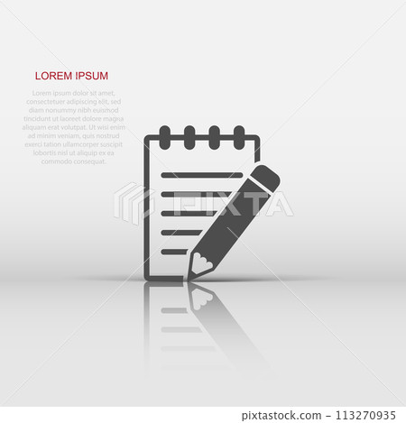 Vector document with pencil icon in flat style. Note with pen sign illustration pictogram. Notebook business concept. 113270935