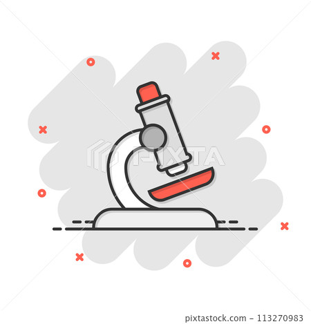 Microscope icon in comic style. Laboratory magnifier cartoon vector illustration on isolated background. Biology instrument splash effect sign business concept. Microscope icon in comic style. Laboratory magnifier cartoon vector illustration on isolated background. Biology instrument splash effect sign business concept. 113270983