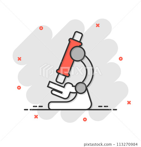 Microscope icon in comic style. Laboratory magnifier cartoon vector illustration on isolated background. Biology instrument splash effect sign business concept. 113270984