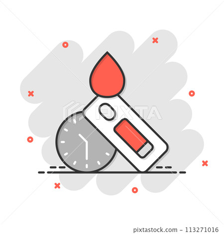 Coronavirus test icon in comic style. covid-19 cartoon vector illustration on isolated background. Medical diagnostic splash effect sign business concept. 113271016