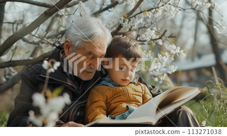 Grandfather and grandson reading together in springtime 113271038