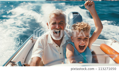 Grandfather and grandson enjoying a boat ride together 113271050