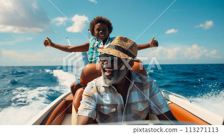 Grandfather and grandchild enjoying a boat ride on a sunny day 113271113