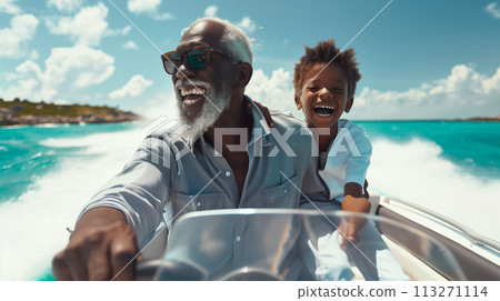 Grandfather and grandson steering a boat with joy 113271114