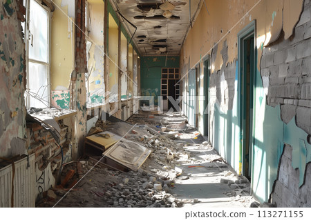 Abandoned school hallway with debris and peeling paint Abandoned school hallway with debris and peeling paint 113271155