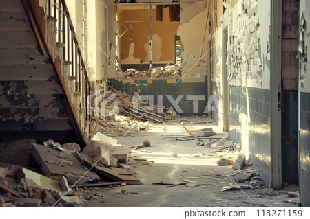 Ruined staircase in a dilapidated school building 113271159