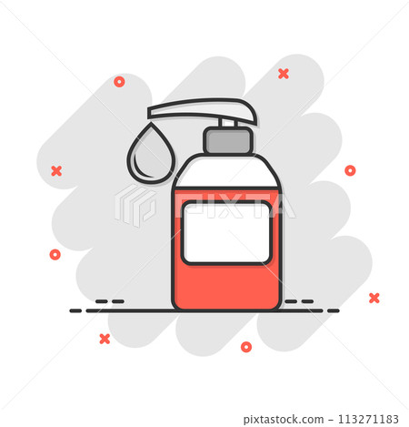 Hand sanitizer icon in comic style. Antiseptic bottle cartoon vector illustration on isolated background. Disinfect gel splash effect sign business concept. Hand sanitizer icon in comic style. Antiseptic bottle cartoon vector illustration on isolated background. Disinfect gel splash effect sign business concept. 113271183