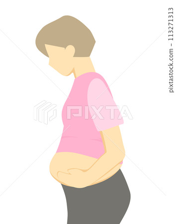 Illustration of a woman who is concerned about her protruding lower abdomen Illustration of a woman who is concerned about her protruding lower abdomen 113271313