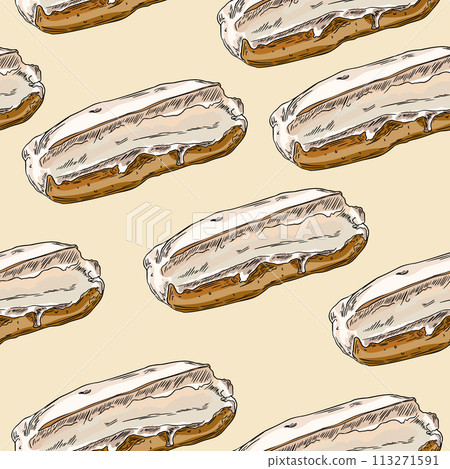 Classic Eclair Hand Drawn Sketch Seamless Pattern 113271591