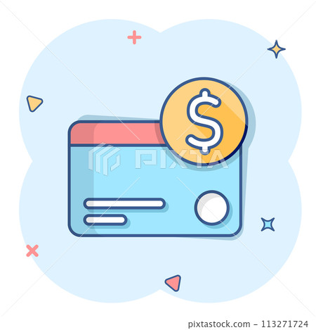 Credit card icon in comic style. Money payment cartoon vector illustration on white isolated background. Financial purchase splash effect business concept. Credit card icon in comic style. Money payment cartoon vector illustration on white isolated background. Financial purchase splash effect business concept. 113271724