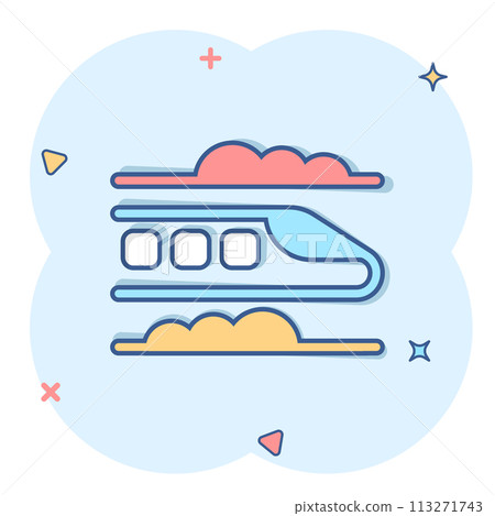 Metro icon in comic style. Train subway cartoon vector illustration on white isolated background. Railroad cargo splash effect business concept. 113271743