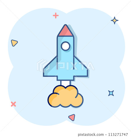 Rocket icon in comic style. Spaceship launch cartoon vector illustration on white isolated background. Sputnik splash effect business concept. Rocket icon in comic style. Spaceship launch cartoon vector illustration on white isolated background. Sputnik splash effect business concept. 113271747