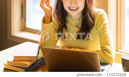 A smiling woman using a laptop 113272226