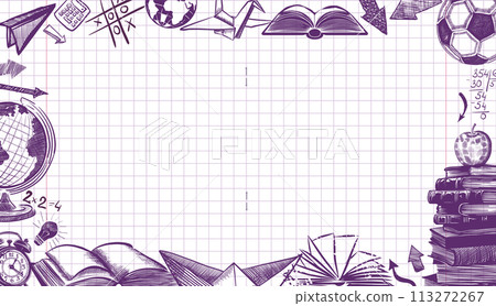 Welcome Back to school horizontal banner, doodle on checkered paper background, vector illustration. Drawing with a blue pen on a notebook sheet . Handmade, not AI Vector illustration 113272267