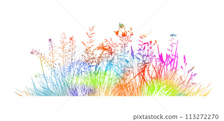 colored grass. Silhouette of meadow rainbow grass. hand drawing. Not AI. Vector illustration 113272270