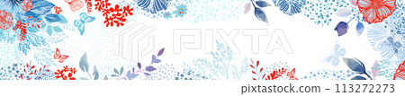 Horizontal frame with blue and red flowers. hand drawing. Not AI, Vector illustration 113272273