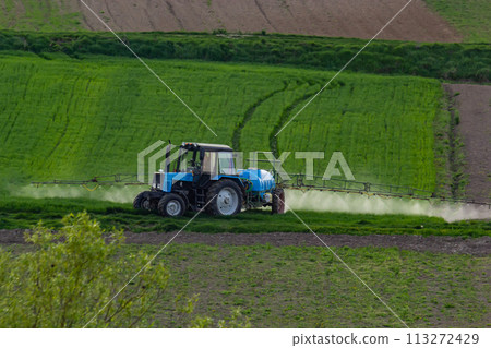 Aerial view of tractor spraying crop in green farm fields with pesticide 113272429