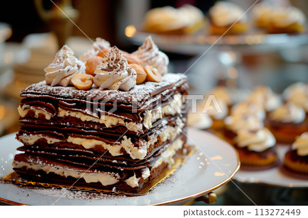 French dessert Mille Feuille with custard cream and strawberries on ceramic plate, powdered with sugar 113272449