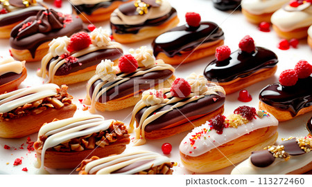 Different types of eclairs topped with nuts, berries and chocolate on a white background 113272460