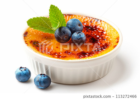 A classic Creme brulee, served in a ramekin, combination of creamy custard and caramelized sugar 113272466