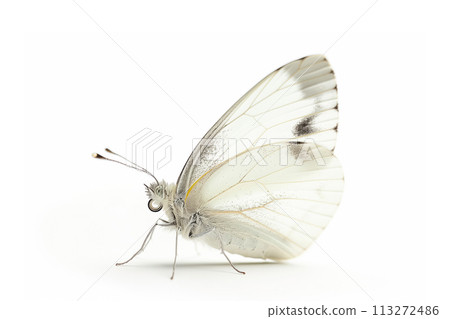 Beautiful Large White butterfly isolated on a white background. Side view Beautiful Large White butterfly isolated on a white background. Side view 113272486