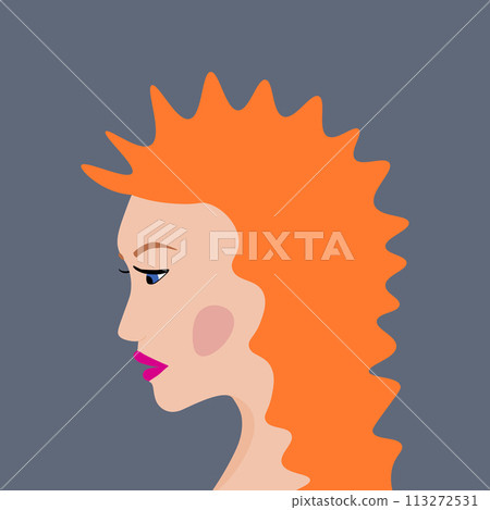 Portrait of a fashion woman. The head in profile of a European brunette woman. Face of girl. Flat design for for landing page, banner, social Media Avatar. Color vector illustration 113272531