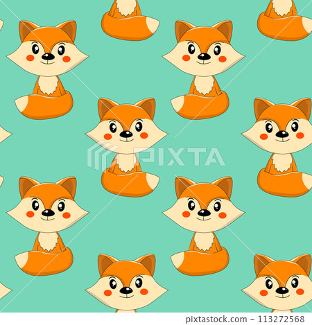 Seamless pattern with cute fox baby on color background. Funny forest animals. Card, postcards for kids. Flat vector illustration for fabric, textile, wallpaper, poster, paper 113272568
