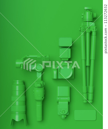 Top view of designer workspace and photography gear on monochrome table 113272632