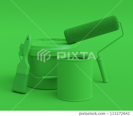 Set of metal and plastic buckets, paint roller and brush on monochrome Set of metal and plastic buckets, paint roller and brush on monochrome 113272642