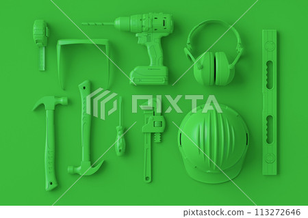 Top view of monochrome construction tools for repair on multicolor background Top view of monochrome construction tools for repair on multicolor background 113272646