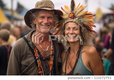 A man and woman wearing Indian clothing and smiling for the camera 113272753
