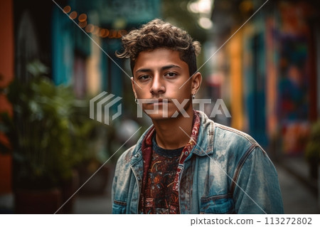 A young man wearing a blue jacket 113272802