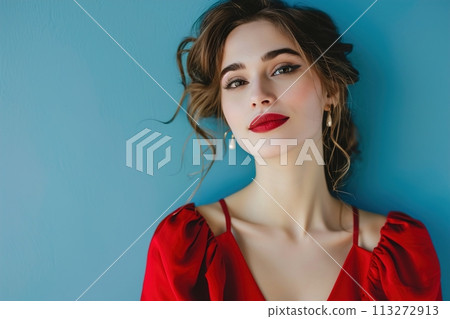 A woman in a red dress is standing in front of a blue wall 113272913