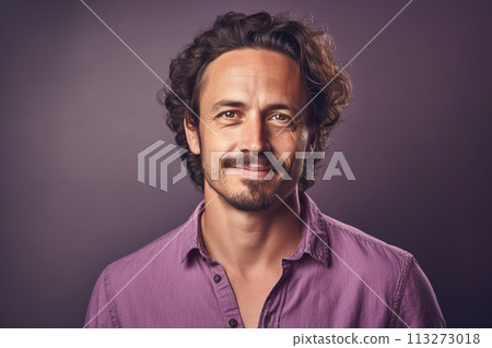 A man with a mustache and a purple shirt is smiling A man with a mustache and a purple shirt is smiling 113273018