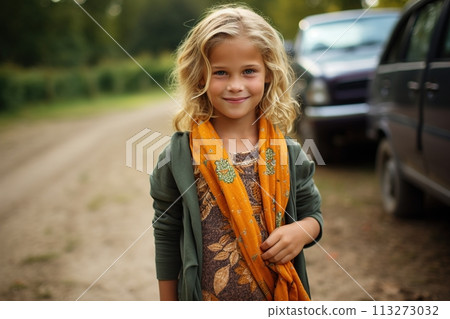 A young girl wearing a green sweater and a yellow scarf is smiling A young girl wearing a green sweater and a yellow scarf is smiling 113273032