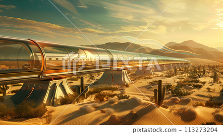 Hyperloop train speeding through a desert landscape with a futuristic station in the background 113273204