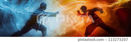 intense martial arts duel, dynamic kicks, dojo background, powerful sport background for banner, copy space 113273207