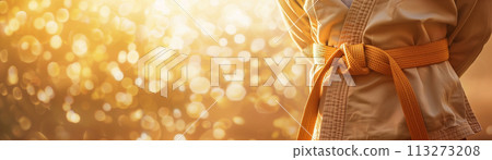 martial arts belt ceremony, proud moment, soft focus, heartwarming background for banner, space for message 113273208