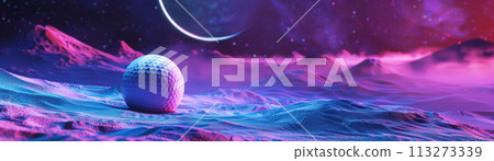 Sci-fi golf ball on an interstellar course, galaxy sky, neon terrain, perfect for futuristic sports ads 113273339