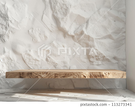 Sleek wooden table podium against a white stone wall, minimalist background ideal for highlighting products, close-up Sleek wooden table podium against a white stone wall, minimalist background ideal for highlighting products, close-up 113273341
