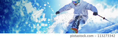 snowboarder carving, action close-up, snow spray, vibrant banner background, ample copy space 113273342