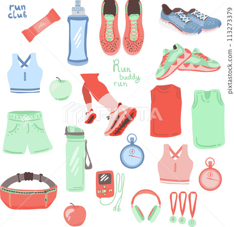 Big flat design set with running sport equipment Big flat design set with running sport equipment 113273379