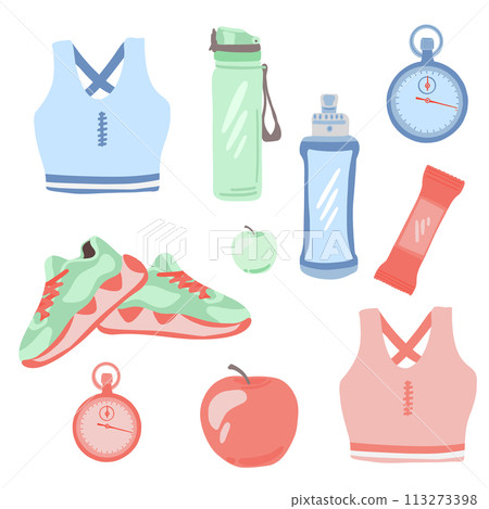 Flat design set of running equipment 113273398