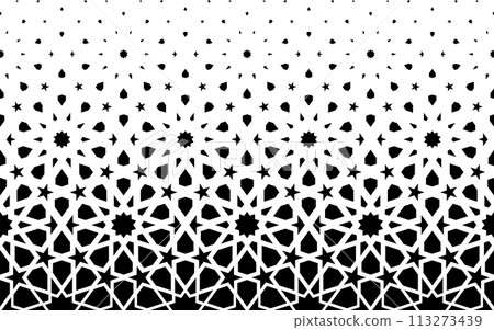 Geometric pattern of black figures on a white background. Seamless in one direction.SCALE method 113273439
