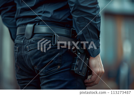 Close-up of a concealed carry firearm on a person's hip Close-up of a concealed carry firearm on a person's hip 113273487