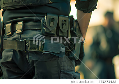 Close-up of police tactical gear with handcuffs and radio Close-up of police tactical gear with handcuffs and radio 113273488
