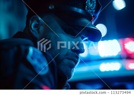 Close-up of a focused police officer with patrol lights in the background 113273494