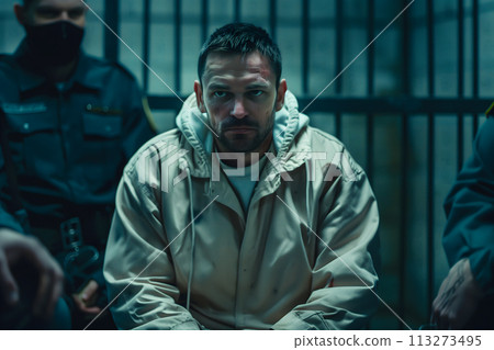 Man in custody with a bruised face sitting in a holding cell 113273495
