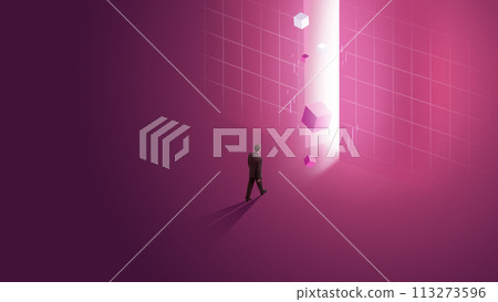 Contemporary art collage. Businessman in official suit confidently goes to bright light against gradient background. Contemporary art collage. Businessman in official suit confidently goes to bright light against gradient background. 113273596