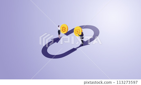 Contemporary art collage. Girls in official outfits exchange different types of coins standing on cyclic arrows against gradient background. 113273597